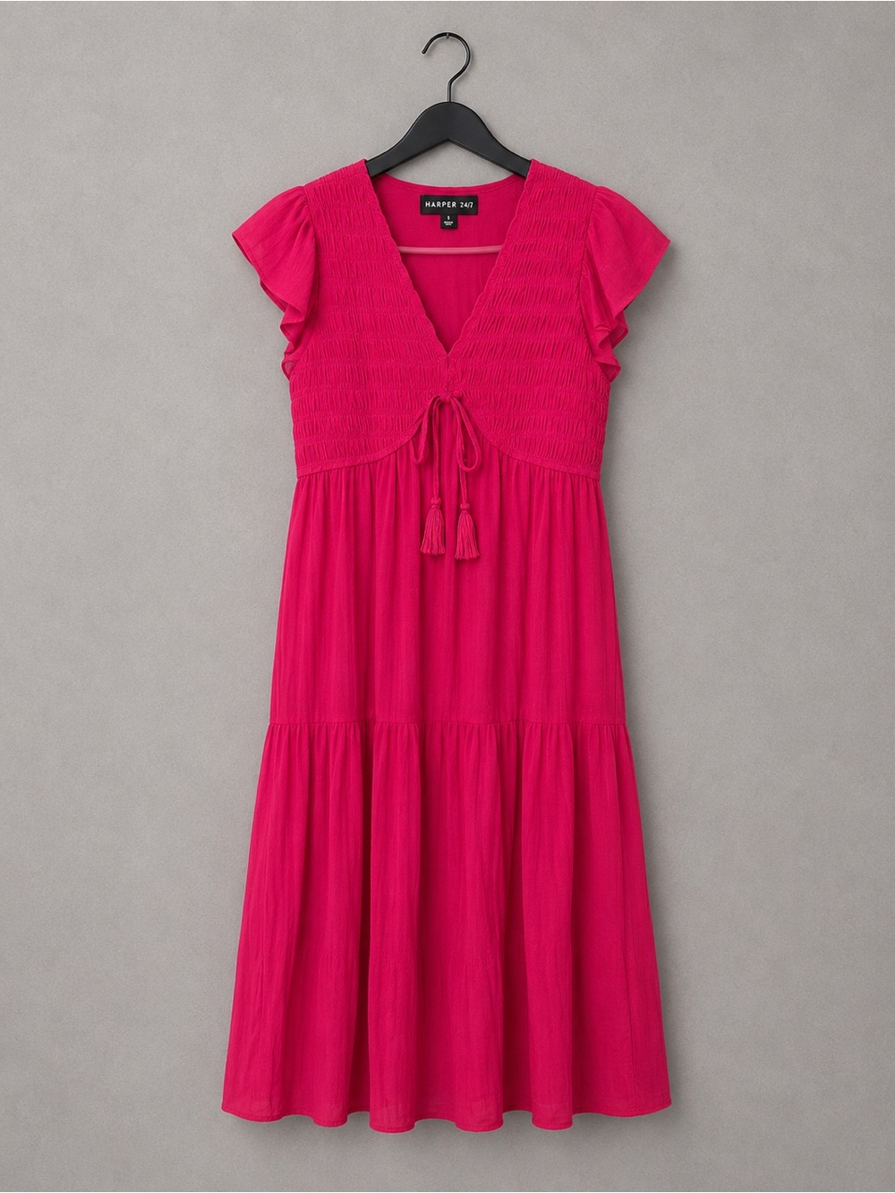 Harper Hot Pink Smocked V-Neck Midi Dress with Tassel Tie